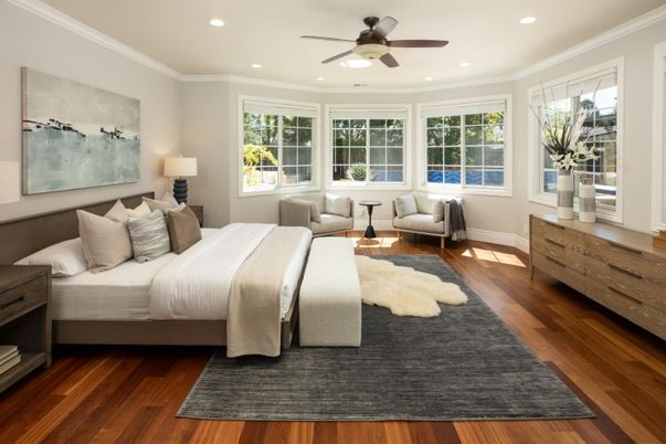 Bedroom, Interior, Recessed Lighting, Wood Texture Flooring