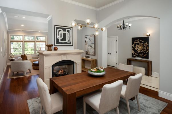 Dining room, Fireplace, Interior, Living room, Pendant Lights, Recessed Lighting, Wood Texture Flooring
