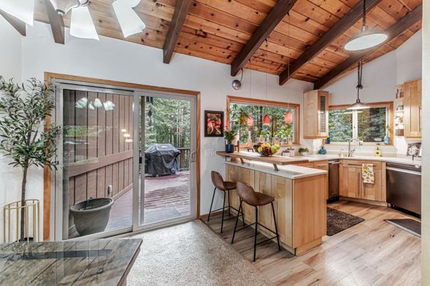 Interior, Kitchen, Pendant Lights, Stainless Steel Appliances, Wooden Beams, Wooden Ceilings, Wood Texture Flooring