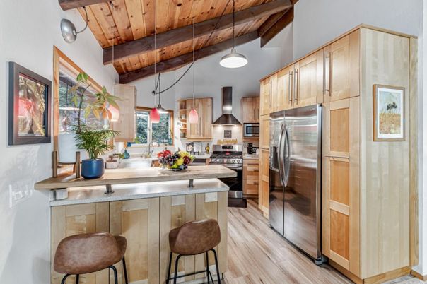 Interior, Kitchen, Pendant Lights, Stainless Steel Appliances, Wooden Beams, Wooden Ceilings, Wood Texture Flooring