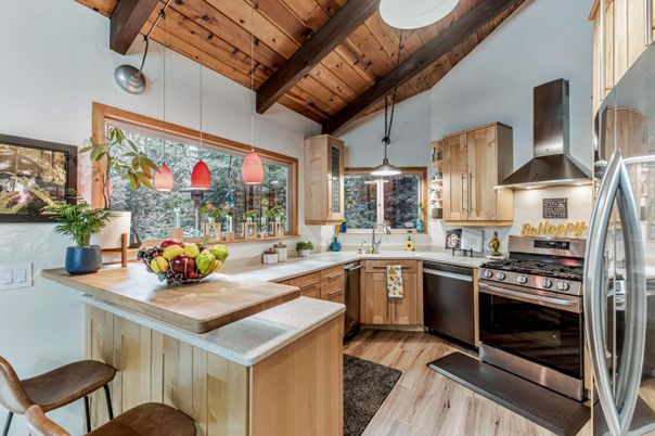 Interior, Kitchen, Pendant Lights, Stainless Steel Appliances, Wooden Beams, Wooden Ceilings, Wood Texture Flooring