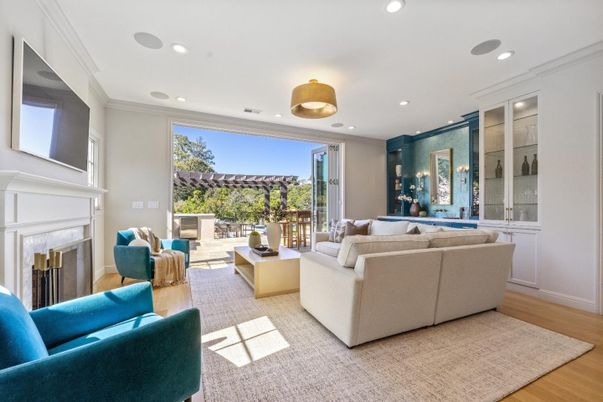 Fireplace, Interior, Living room, Recessed Lighting, Wood Texture Flooring