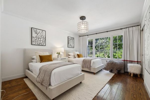 Bedroom, Interior, Pendant Lights, Wood Texture Flooring