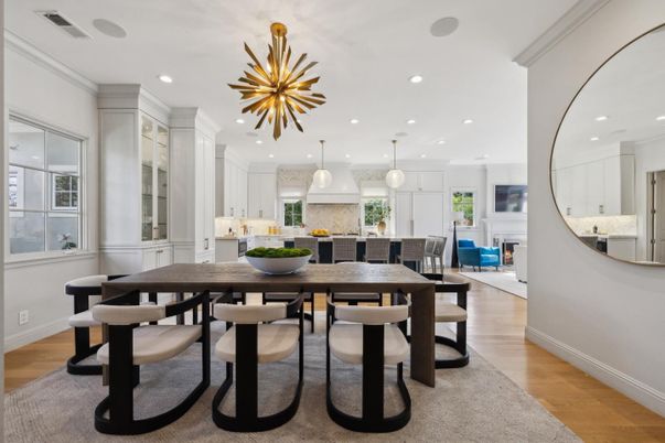 Dining room, Interior, Kitchen, Pendant Lights, Recessed Lighting, Wood Texture Flooring