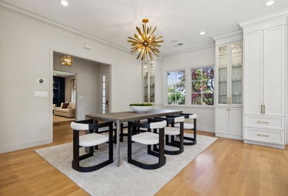 Dining room, Interior, Pendant Lights, Recessed Lighting, Wood Texture Flooring