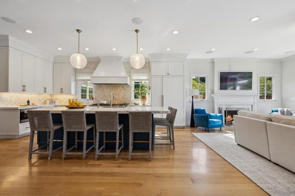 Dining room, Fireplace, Interior, Kitchen, Living room, Pendant Lights, Recessed Lighting, Wood Texture Flooring
