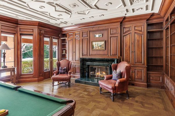 Billiard Table, Fireplace, Game Room, Interior, Recessed Lighting, Wood Texture Flooring, Wooden Walls
