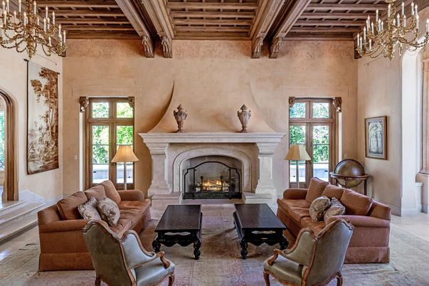 Chandelier, Fireplace, Interior, Living room, Wooden Beams, Wooden Ceilings