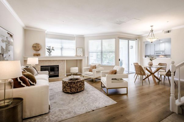 Dining room, Fireplace, Interior, Living room, Pendant Lights, Recessed Lighting, Wood Texture Flooring