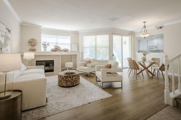 Dining room, Fireplace, Interior, Kitchen, Living room, Pendant Lights, Recessed Lighting, Wood Texture Flooring