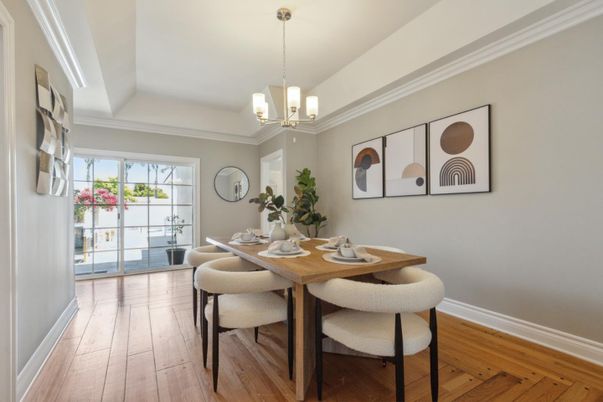 Dining room, Interior, Pendant Lights, Wood Texture Flooring