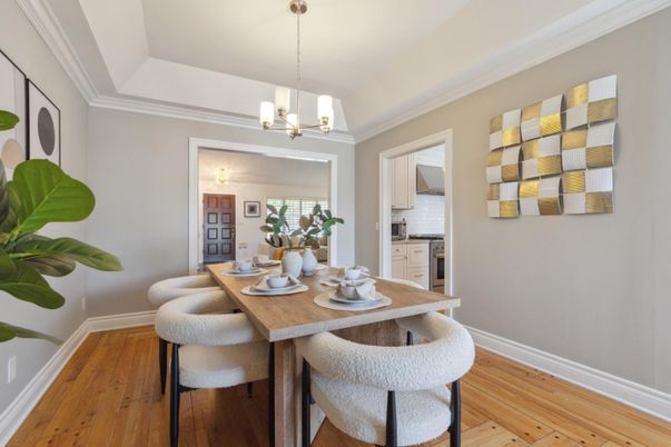 Dining room, Interior, Pendant Lights, Wood Texture Flooring