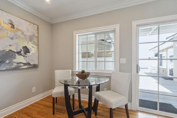 Dining room, Interior, Recessed Lighting, Wood Texture Flooring