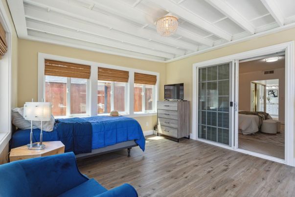 Bedroom, Chandelier, Interior, Wood Texture Flooring