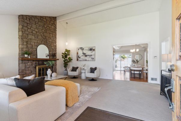 Dining room, Fireplace, Interior, Living room, Pendant Lights, Stone Walls, Wood Texture Flooring