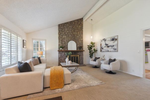 Fireplace, Interior, Living room, Pendant Lights, Stone Walls