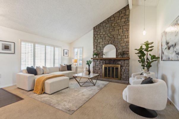 Fireplace, Interior, Living room, Pendant Lights, Stone Walls