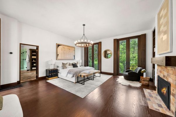Bedroom, Chandelier, Fireplace, Interior, Pendant Lights, Wood Texture Flooring