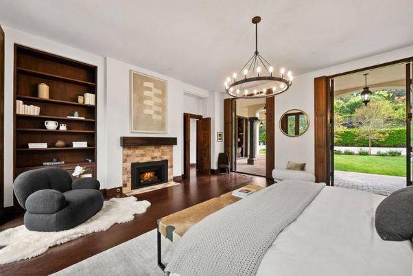 Bedroom, Fireplace, Interior, Pendant Lights, Wood Texture Flooring