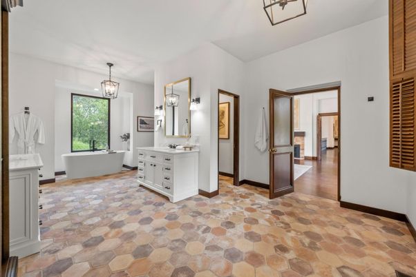 Bathroom, Dual Sink Vanities, Free Standing Baths, Interior, Pendant Lights