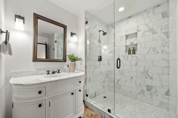 Bathroom, Glass Shower, Interior, Marble Walls, Recessed Lighting