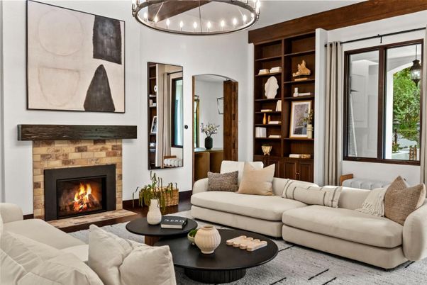 Fireplace, Interior, Living room, Pendant Lights