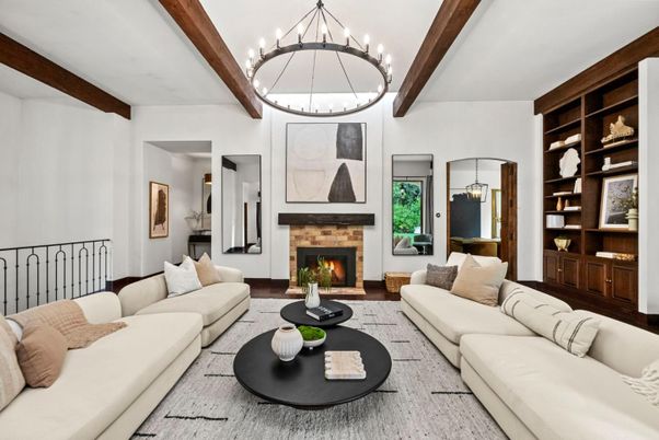Fireplace, Interior, Living room, Pendant Lights, Wooden Beams