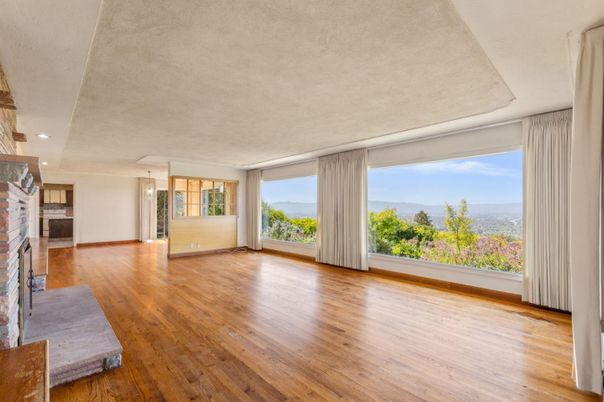 Empty room, Fireplace, Interior, Pendant Lights, Recessed Lighting, Wood Texture Flooring