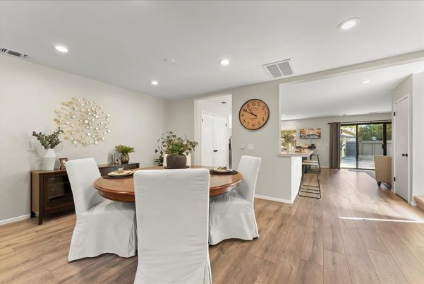 Dining room, Interior, Recessed Lighting, Wood Texture Flooring