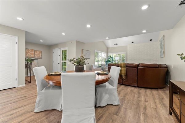 Dining room, Interior, Living room, Recessed Lighting, Wood Texture Flooring
