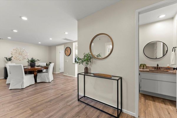 Dining room, Interior, Recessed Lighting, Wood Texture Flooring