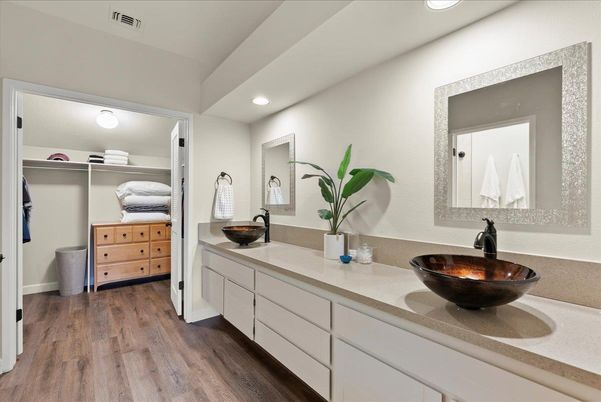 Bathroom, Dual Sink Vanities, Interior, Recessed Lighting, Wood Texture Flooring