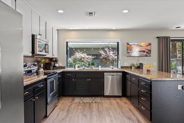 Interior, Kitchen, Recessed Lighting, Stainless Steel Appliances, Wood Texture Flooring