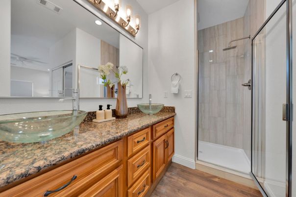Bathroom, Glass Shower, Interior, Wood Texture Flooring