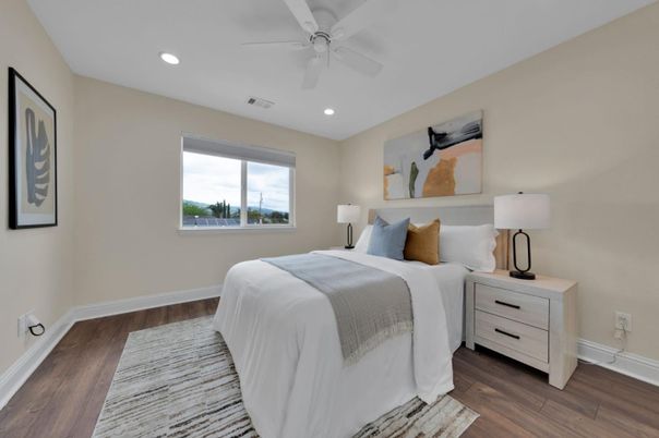 Bedroom, Interior, Recessed Lighting, Wood Texture Flooring