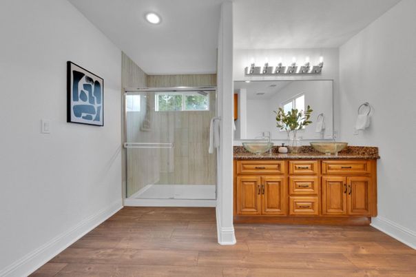 Bathroom, Glass Shower, Interior, Recessed Lighting, Wood Texture Flooring