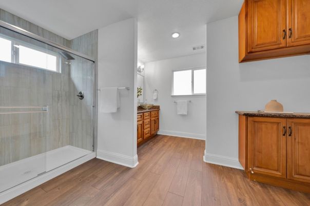 Bathroom, Glass Shower, Interior, Recessed Lighting, Wood Texture Flooring