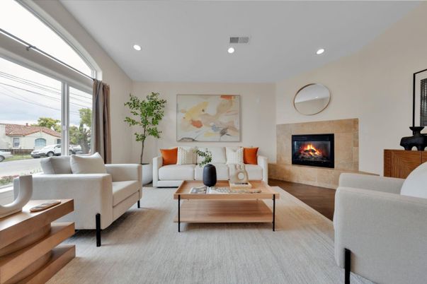 Fireplace, Interior, Living room, Recessed Lighting, Wood Texture Flooring