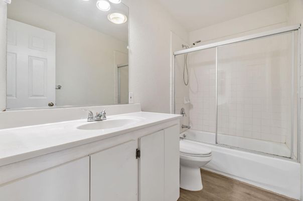 Bathroom, Glass Shower, Interior, Wood Texture Flooring