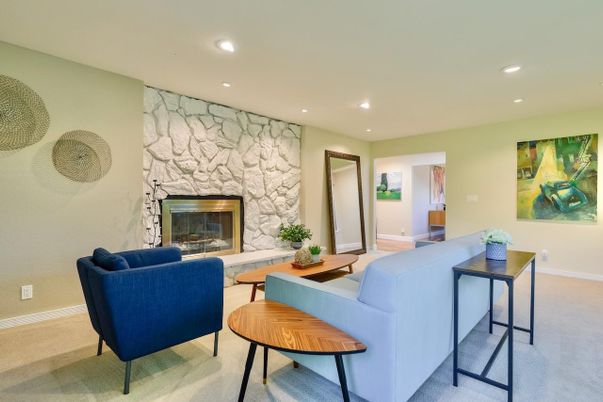 Fireplace, Interior, Living room, Recessed Lighting, Stone Walls