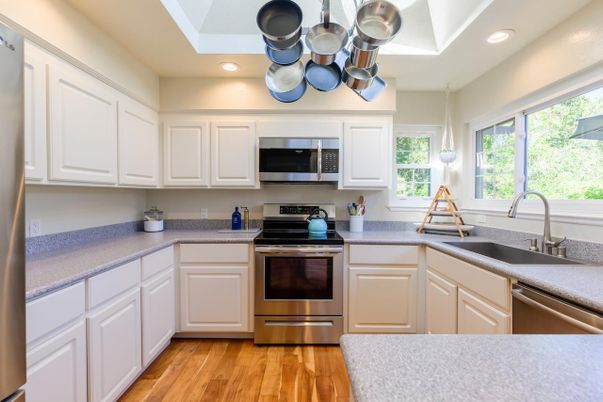 Interior, Kitchen, Recessed Lighting, Stainless Steel Appliances, Wood Texture Flooring