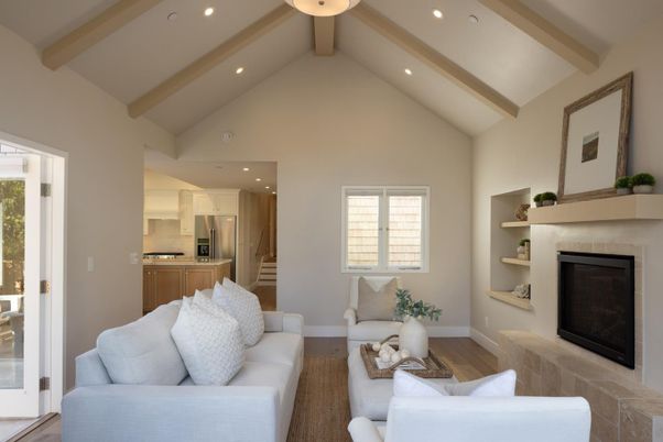 Fireplace, Interior, Kitchen, Living room, Recessed Lighting, Stainless Steel Appliances, Wooden Beams, Wood Texture Flooring