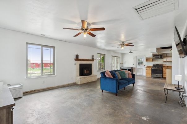 Fireplace, Interior, Kitchen, Living room, Stainless Steel Appliances