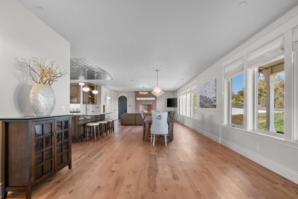 Dining room, Interior, Kitchen, Pendant Lights, Wood Texture Flooring