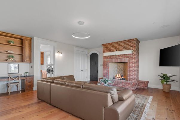 Dining room, Fireplace, Interior, Living room, Stone Walls, Wood Texture Flooring