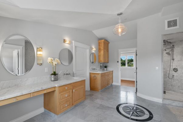 Bathroom, Dual Sink Vanities, Glass Shower, Interior, Marble, Pendant Lights
