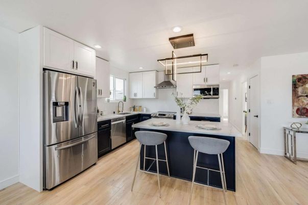 Interior, Kitchen, Pendant Lights, Recessed Lighting, Stainless Steel Appliances, Wood Texture Flooring