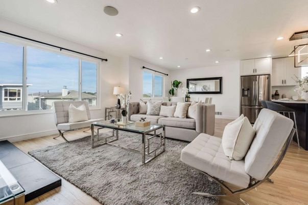 Interior, Kitchen, Living room, Recessed Lighting, Stainless Steel Appliances, Wood Texture Flooring