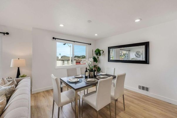Dining room, Interior, Recessed Lighting, Wood Texture Flooring