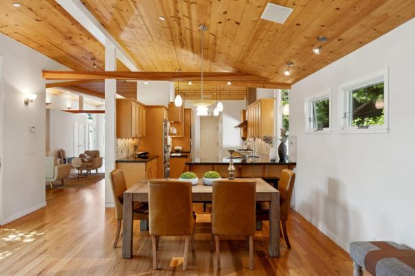 Dining room, Interior, Kitchen, Pendant Lights, Recessed Lighting, Wooden Beams, Wooden Ceilings, Wood Texture Flooring